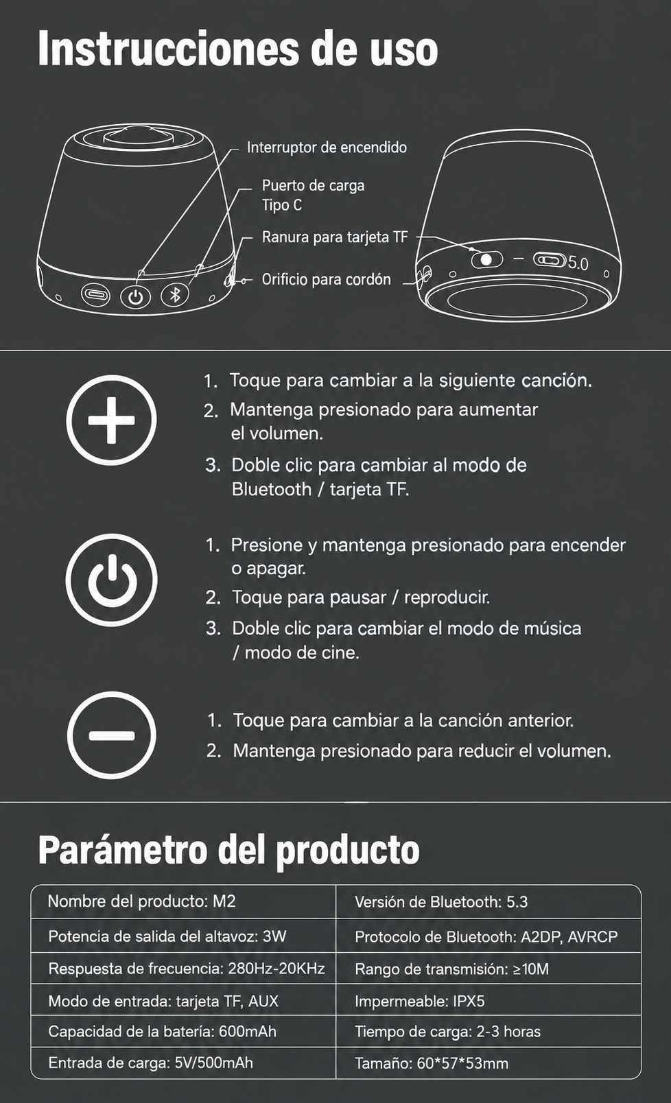 Parlante Gamer M2 especificaciones Bluetooth 5.3